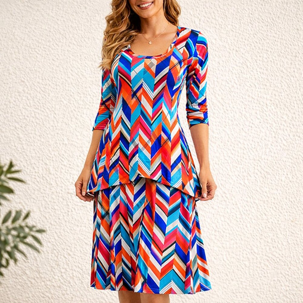 VTG Y2K Chevron 2-Piece Jersey Knit Tunic Top & Midi Skirt Set | Stretch Retro